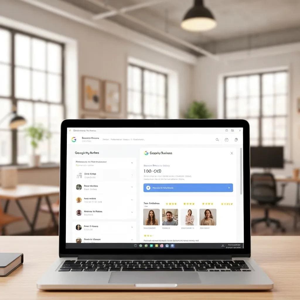 Ein optimiertes Google Unternehmensprofil auf einem Computerbildschirm, das wichtige Bereiche für lokale Sichtbarkeit hervorhebt